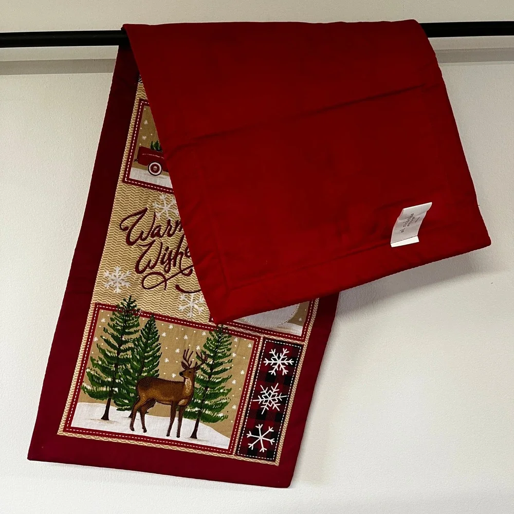 St Nicholas Square Christmas Table Runner Warm Wishes Red Truck Snowman 13x35